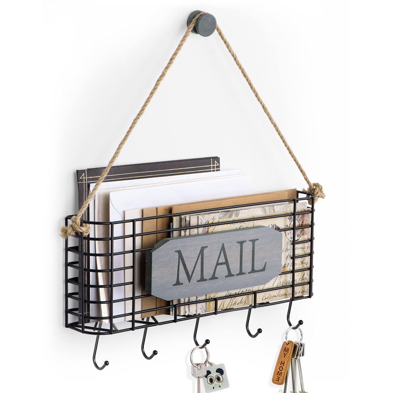 SRIWATANA Mail Key Holder for Wall, Rustic Mail Organizer Wall Mount with 5 Key Hooks, Large, Weathered Grey - Image 1